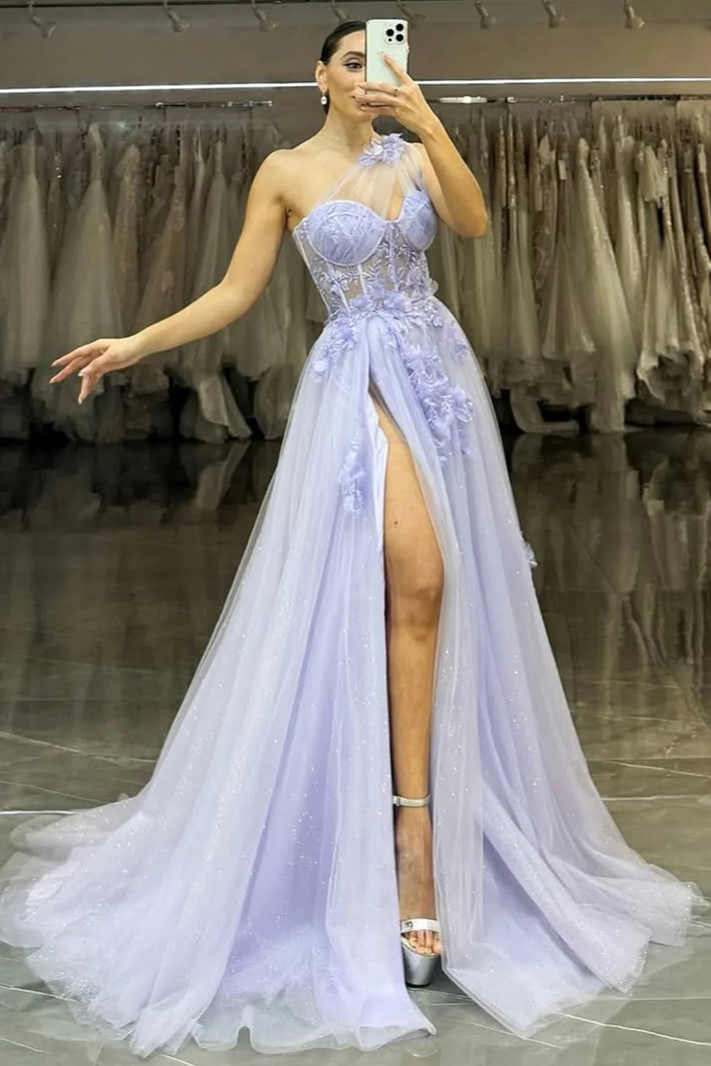 Lavender One-Shoulder Floral Applique Tulle Prom Gown With High Slit AD687