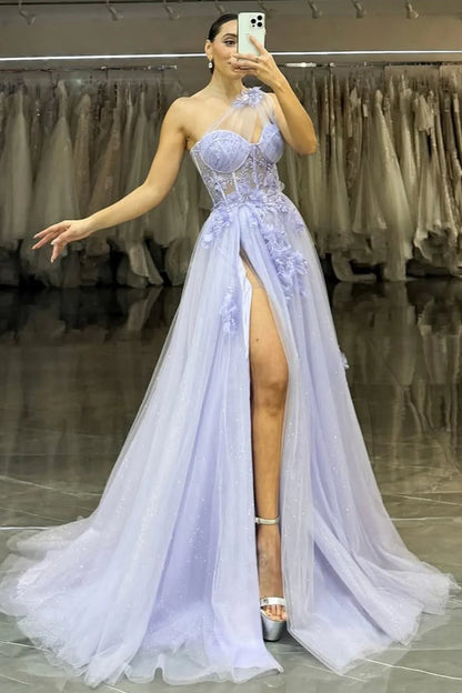 Lavender One-Shoulder Floral Applique Tulle Prom Gown With High Slit AD687