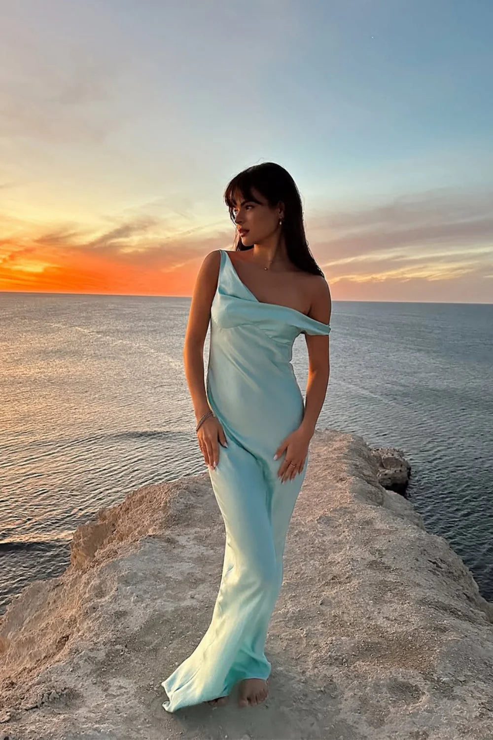 One-Shoulder Satin Prom Gown With Draped Off-Shoulder Detail AD688