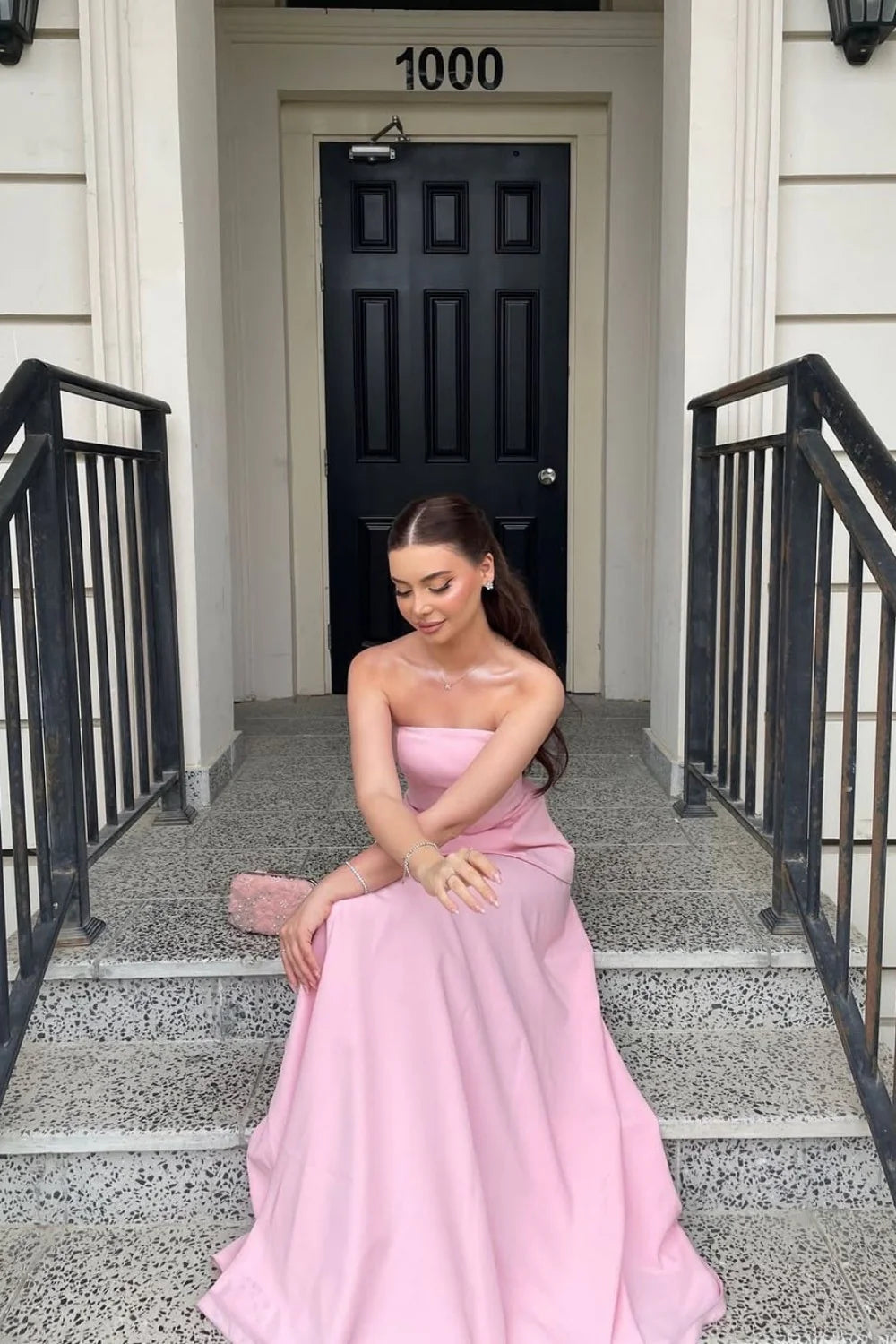 Light Pink Satin Strapless Floor Length Prom Dress AD690