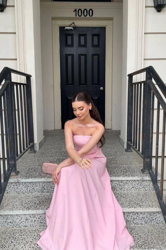 Light Pink Satin Strapless Floor Length Prom Dress AD690