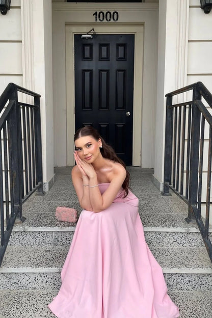 Light Pink Satin Strapless Floor Length Prom Dress AD690