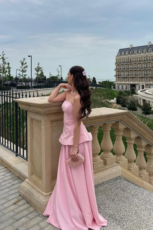 Light Pink Satin Strapless Floor Length Prom Dress AD690