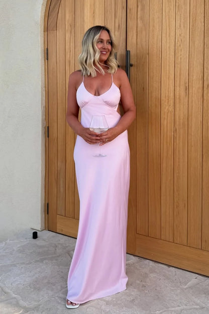 Light Pink V-Neck Spaghetti Straps Open Back Prom Dress AD691