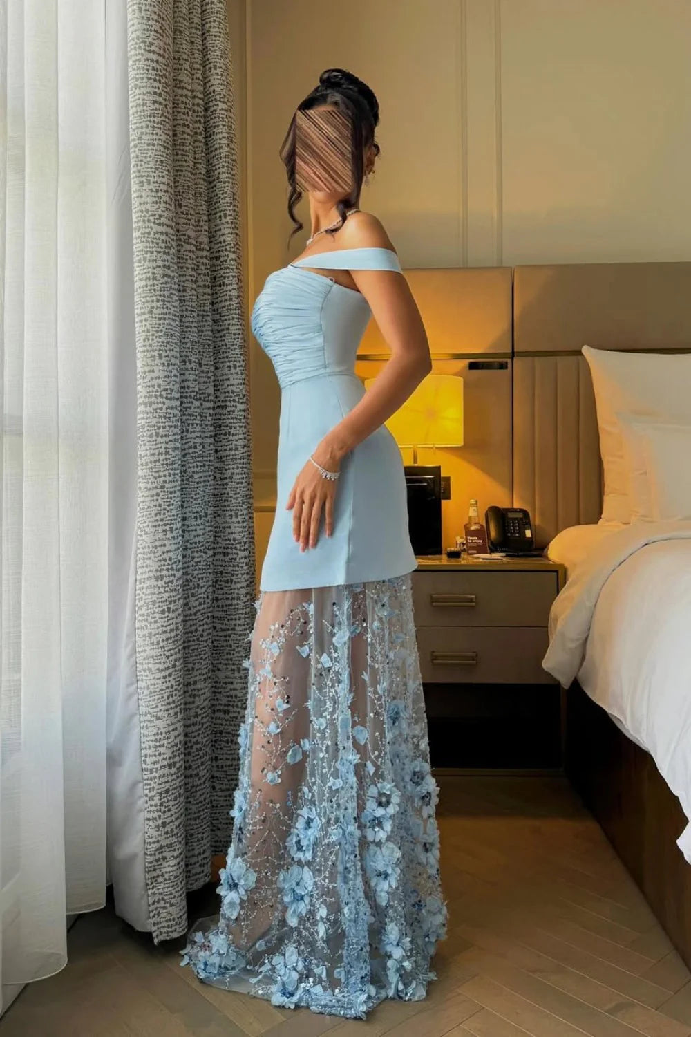 Light Blue Off Shoulder Two Layered Prom Dress With Sheer Embroidered Tulle AD692