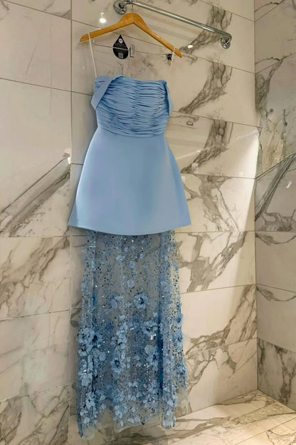 Light Blue Off Shoulder Two Layered Prom Dress With Sheer Embroidered Tulle AD692