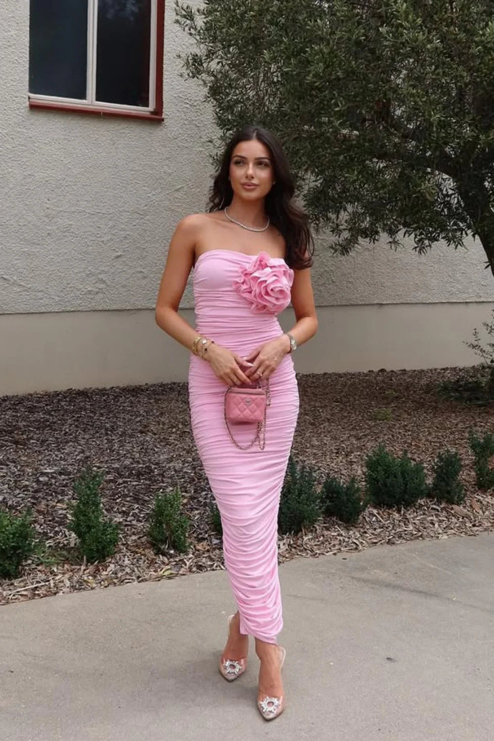 Pink Lemonade Draped Strapless Maxi Dress With Rose Embellishment AD694
