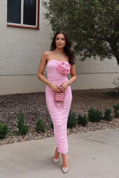Pink Lemonade Draped Strapless Maxi Dress With Rose Embellishment AD694