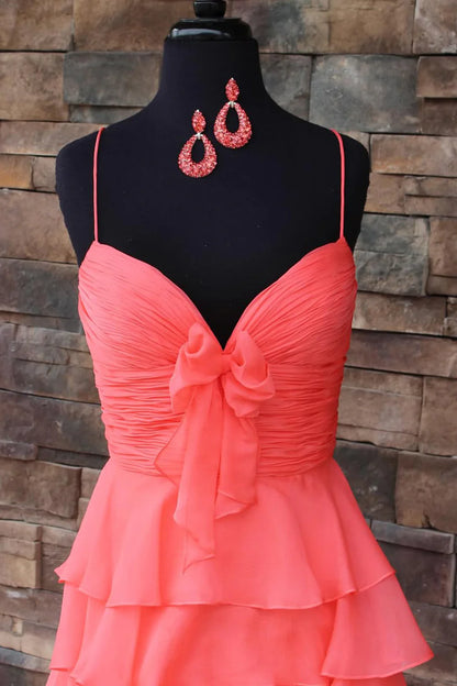Coral A Line Spaghetti Straps Ruffle Prom Dress With Bowknot Detail AD695