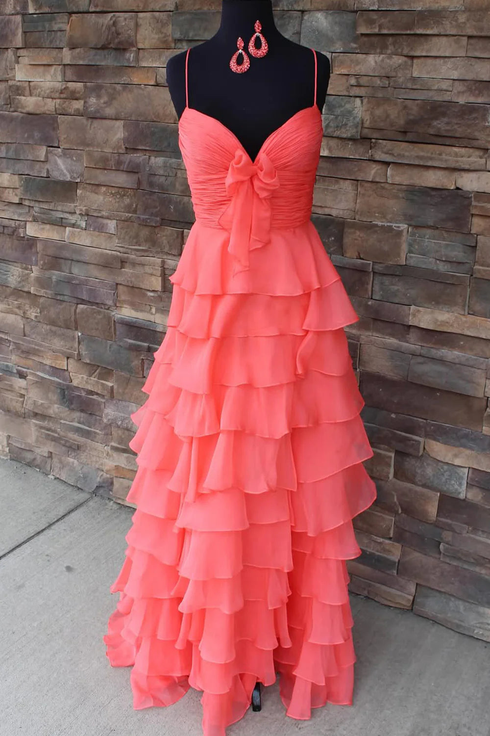 Coral A Line Spaghetti Straps Ruffle Prom Dress With Bowknot Detail AD695