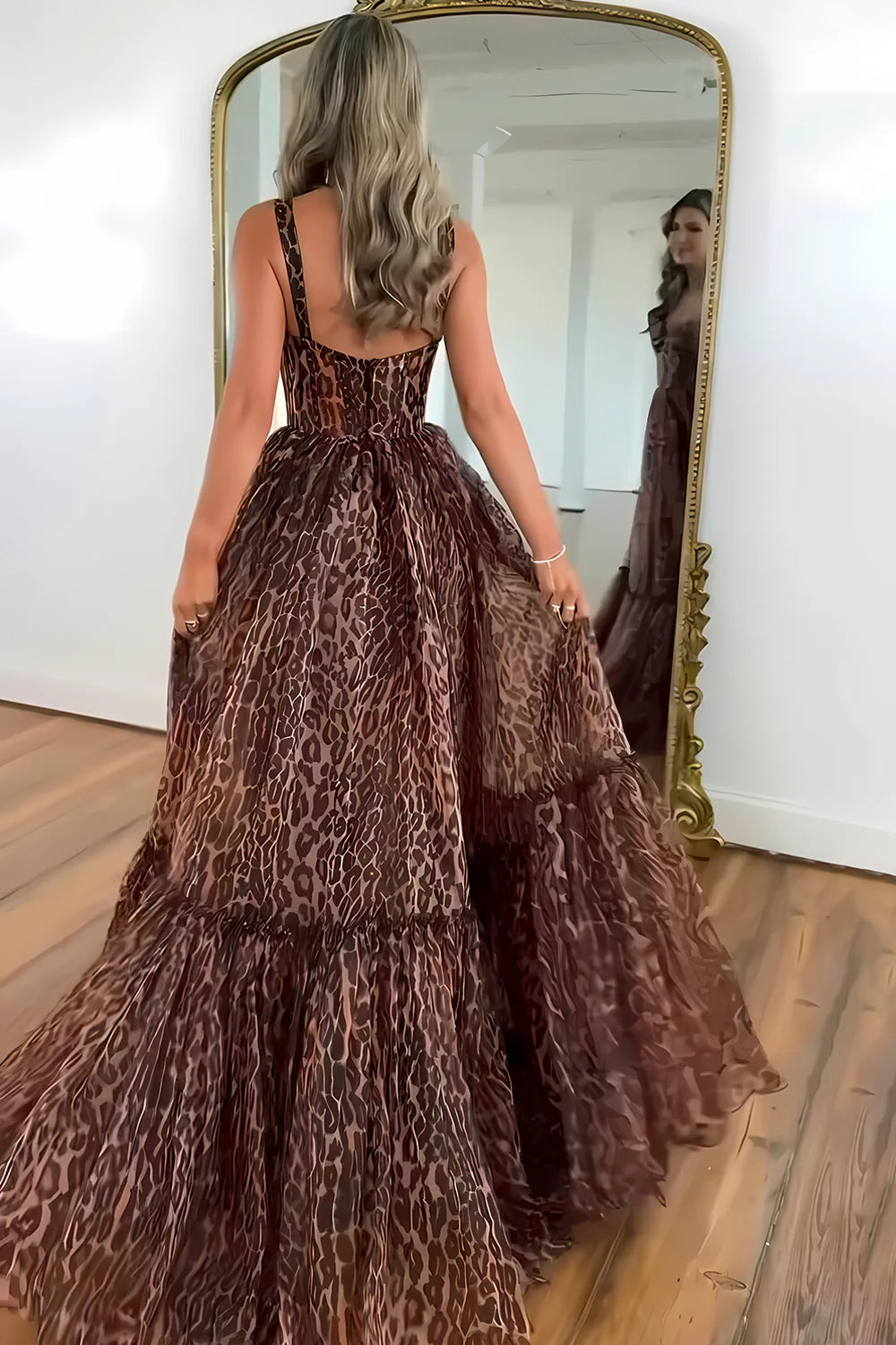 Brown Leopard Print Strappy Prom Dress With Flowing Tiered Train AD697