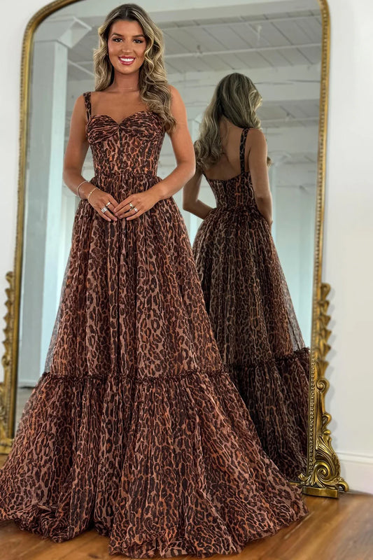 Brown Leopard Print Strappy Prom Dress With Flowing Tiered Train AD697