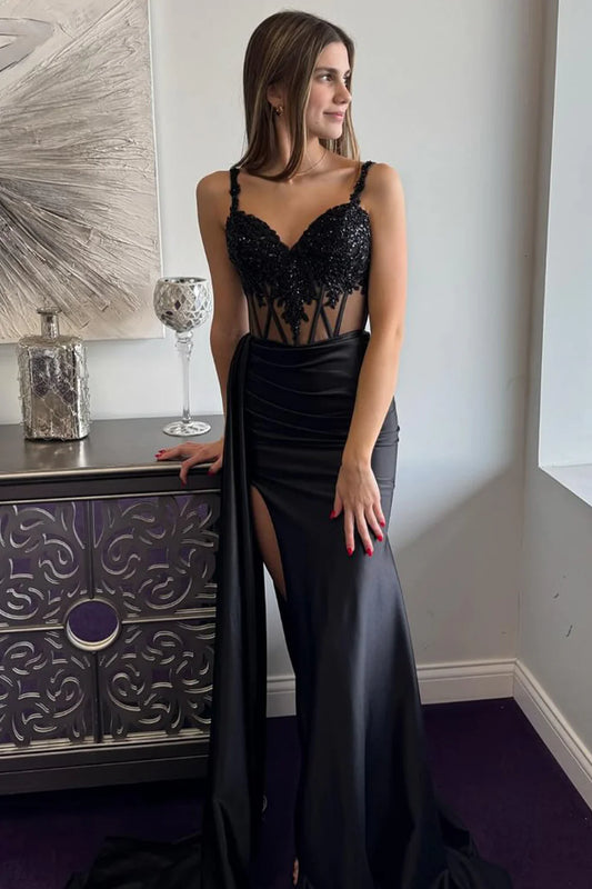 Black Strappy Sequin Lace Prom Dress With High Slit AD698