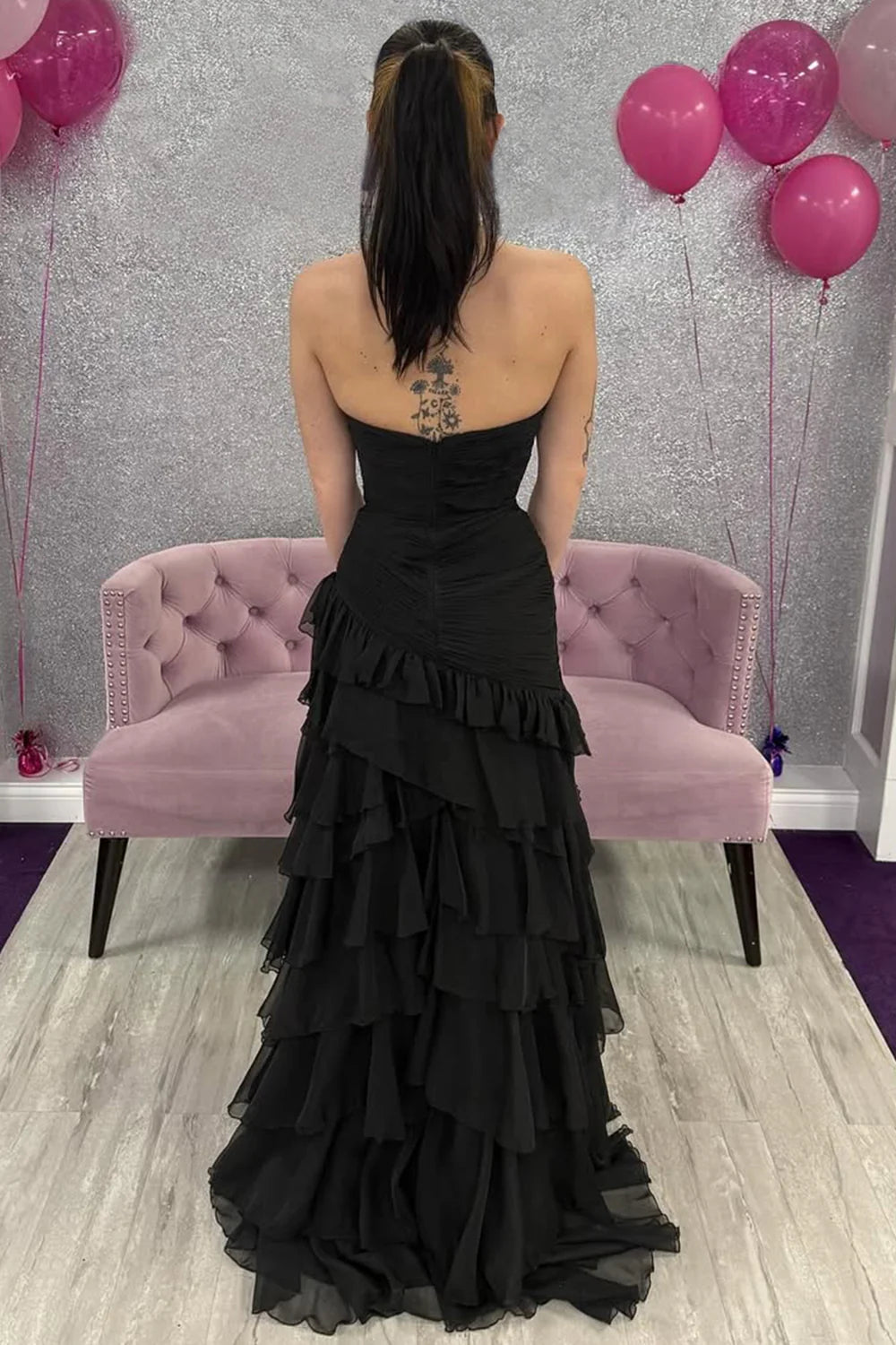 Black Strapless Ruffled Mermaid Prom Dress With Tiered Chiffon Skirt AD699