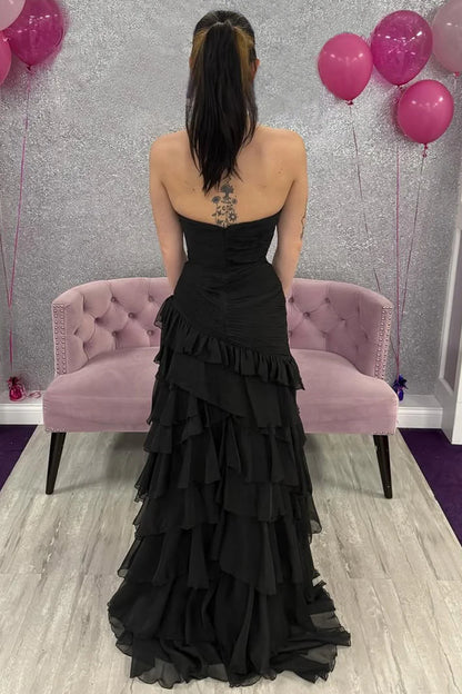 Black Strapless Ruffled Mermaid Prom Dress With Tiered Chiffon Skirt AD699