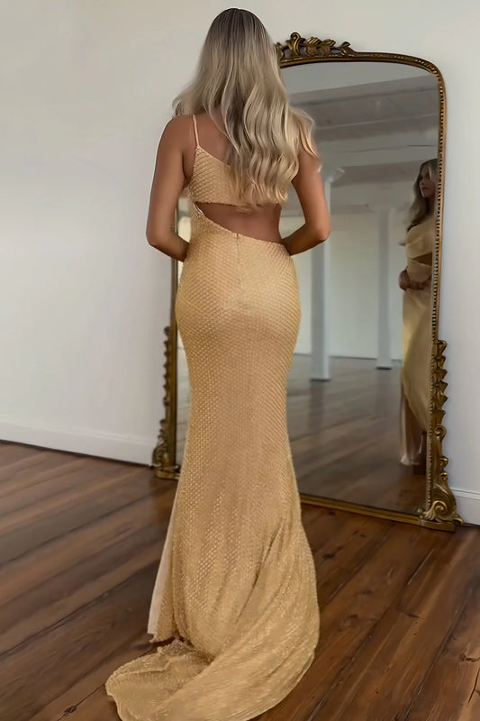 Gold One-Shoulder Sequin Mermaid Prom Dress With Architectural Cutout AD700