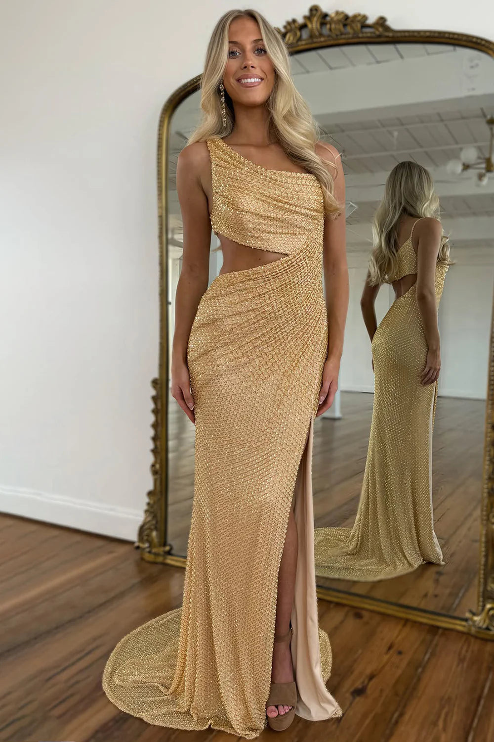Gold One-Shoulder Sequin Mermaid Prom Dress With Architectural Cutout AD700