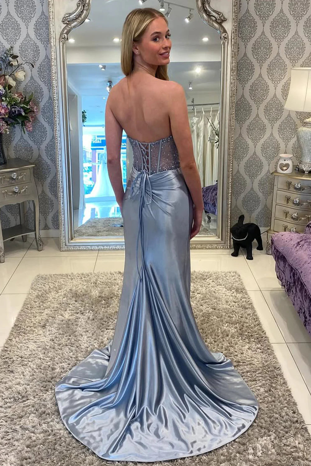 Grey Blue Beaded Mystique Mermaid Dress With High Slit And Train AD702