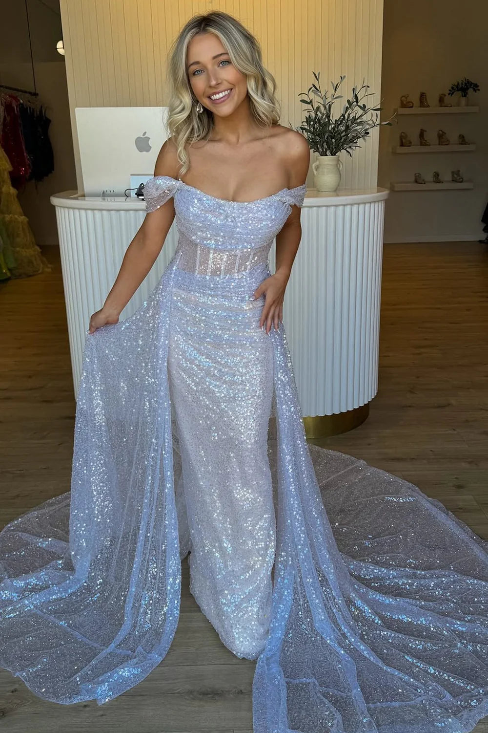 Ivory Off-Shoulder Sequin Mermaid Dress With Tulle Train AD703