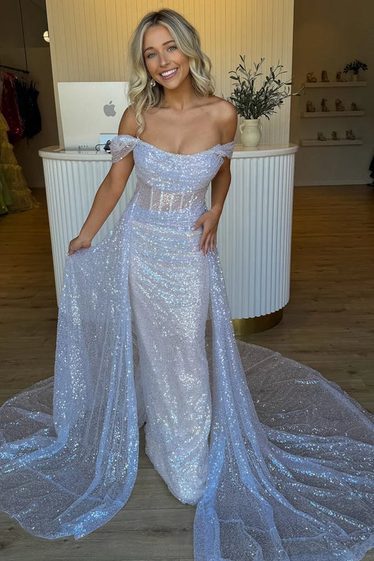 Ivory Off-Shoulder Sequin Mermaid Dress With Tulle Train AD703