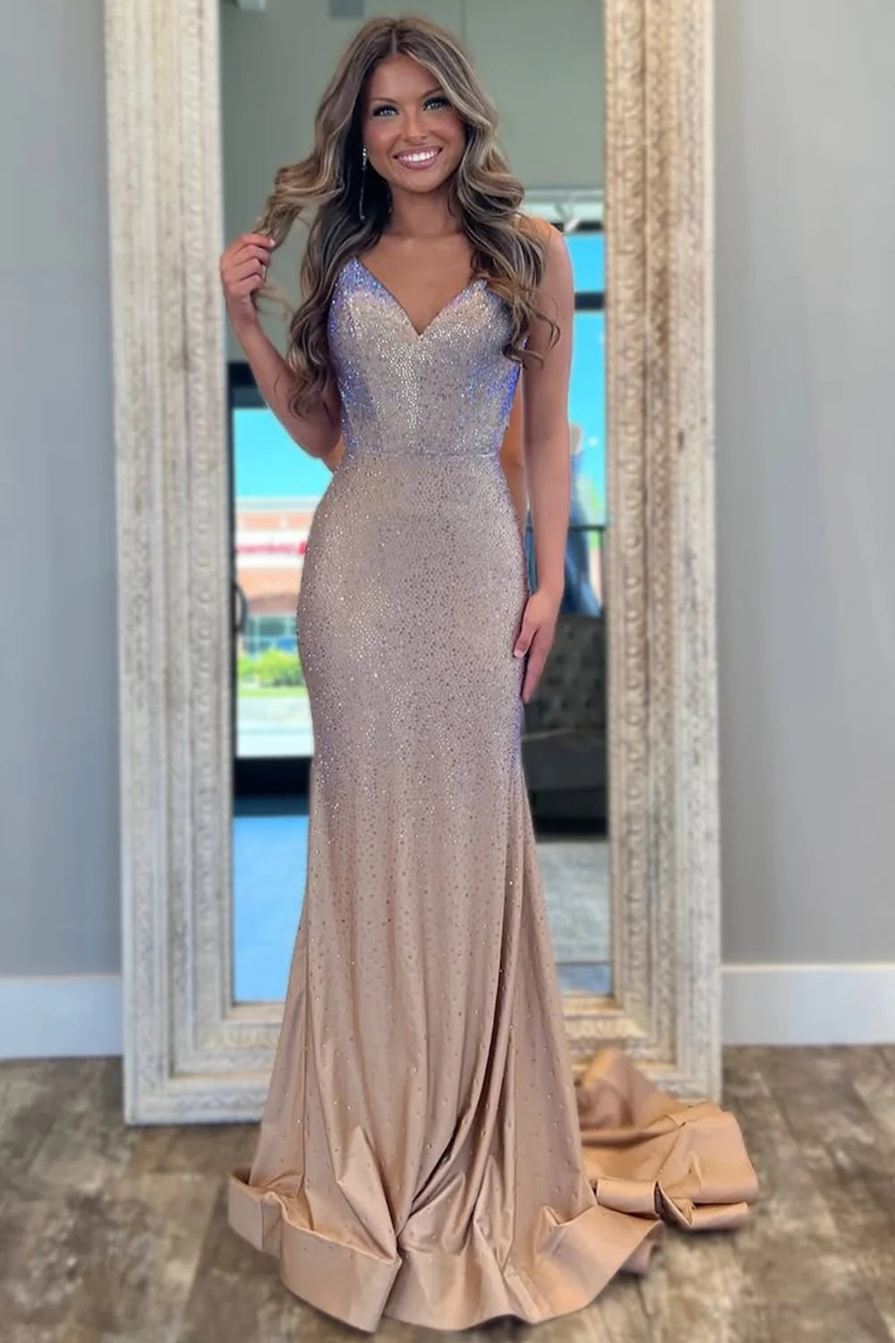 Champagne Sequin Embellished Mermaid Prom Dress With Ruched Open Back AD704