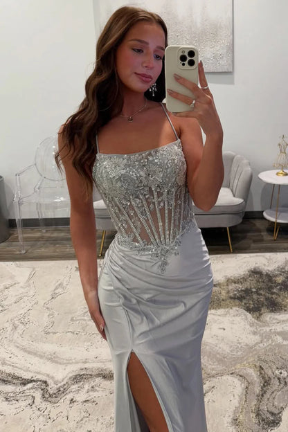 Silver Sequin-Embroidered Prom Dress With Crisscross Back & Slit Skirt AD705