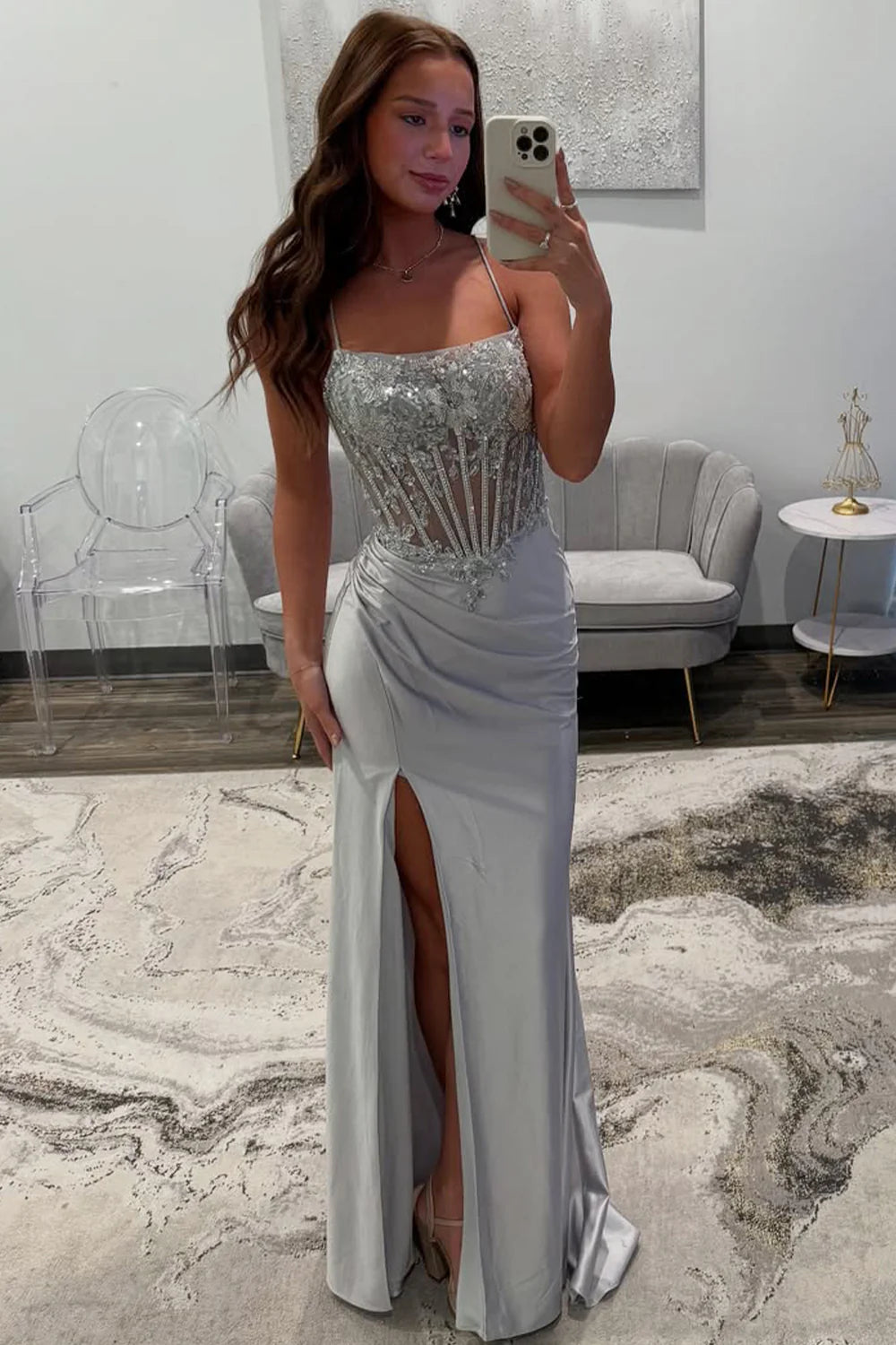 Silver Sequin-Embroidered Prom Dress With Crisscross Back & Slit Skirt AD705