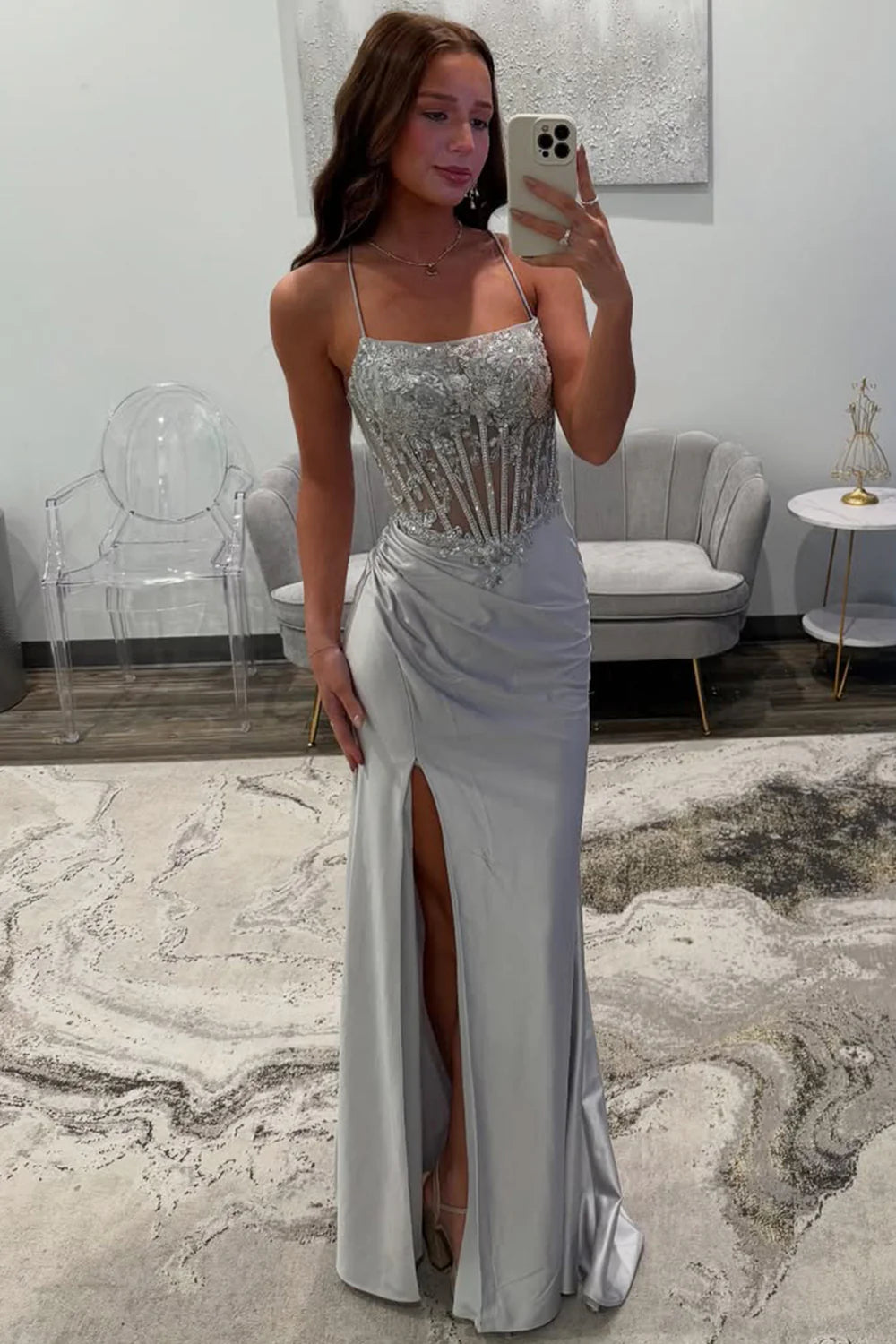 Silver Sequin-Embroidered Prom Dress With Crisscross Back & Slit Skirt AD705