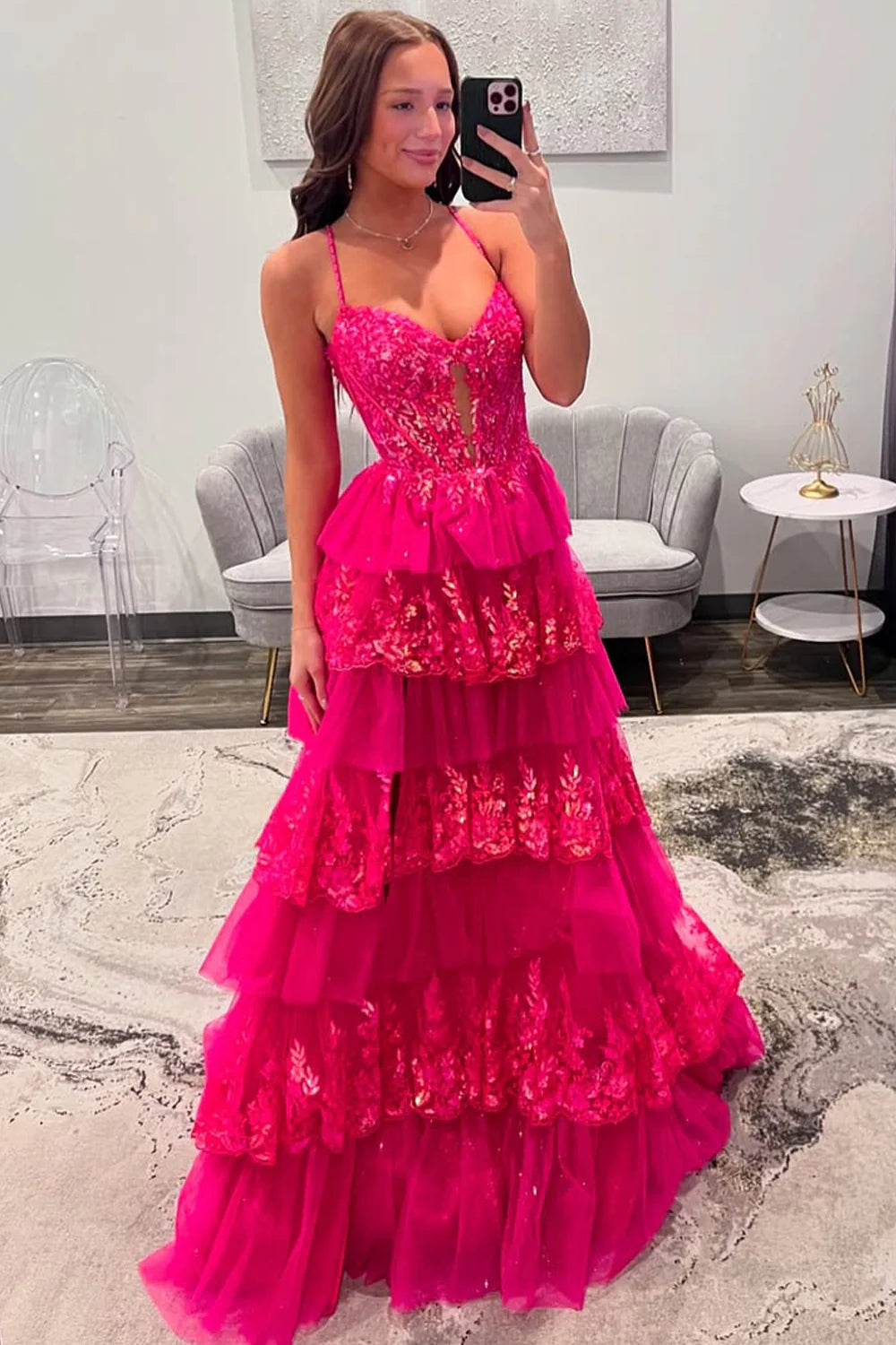Fuchsia Spaghetti Strap Prom Dress With Sequin Lace Bodice Tiered Tulle Ruffles AD706