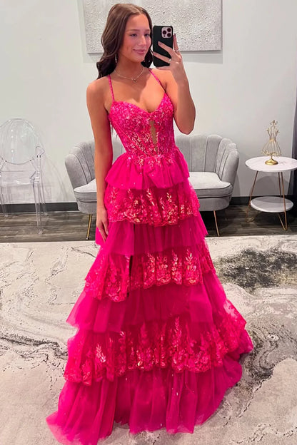 Fuchsia Spaghetti Strap Prom Dress With Sequin Lace Bodice Tiered Tulle Ruffles AD706