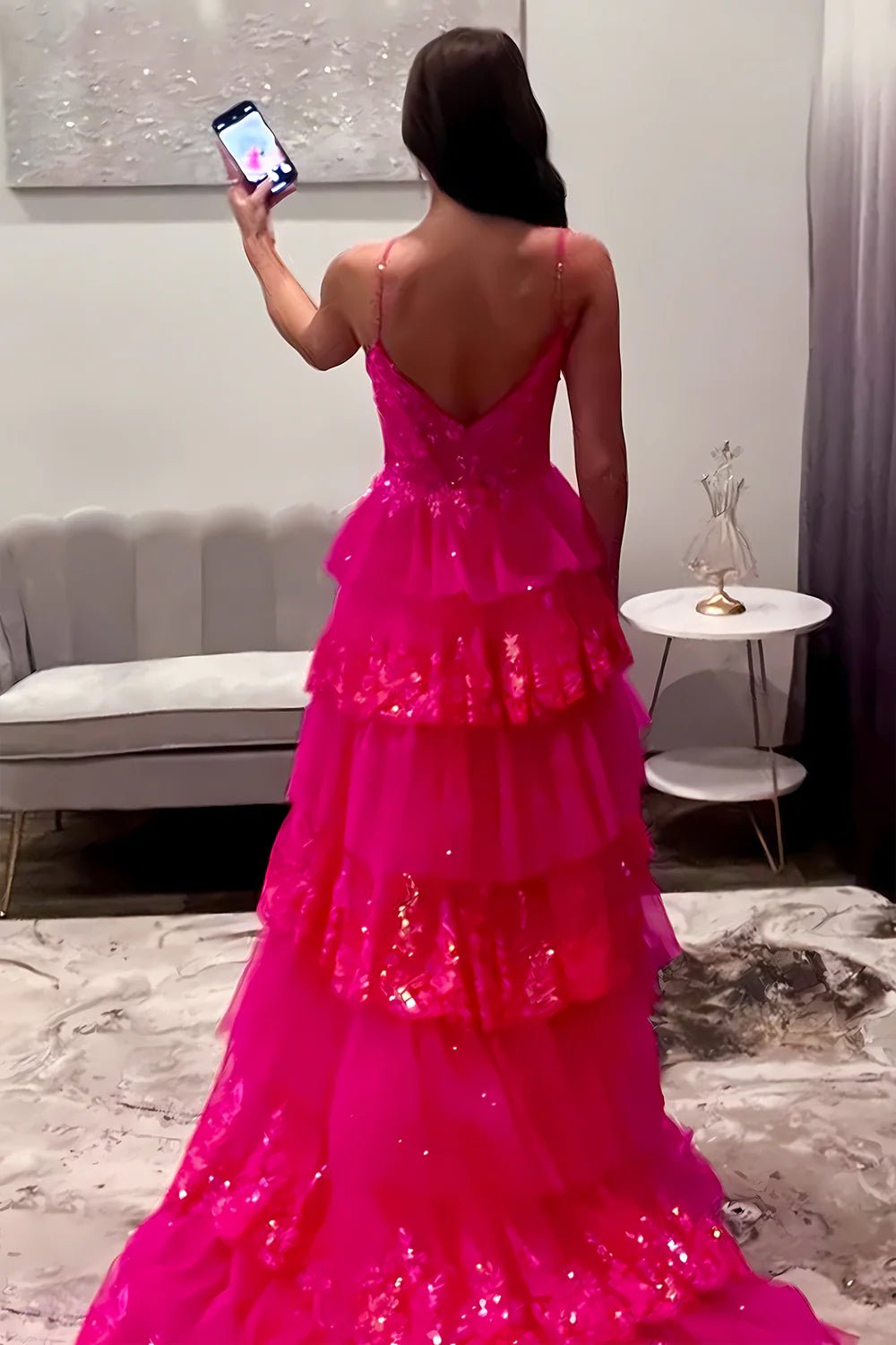Fuchsia Spaghetti Strap Prom Dress With Sequin Lace Bodice Tiered Tulle Ruffles AD706