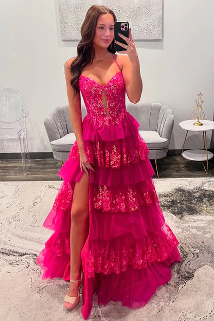 Fuchsia Spaghetti Strap Prom Dress With Sequin Lace Bodice Tiered Tulle Ruffles AD706