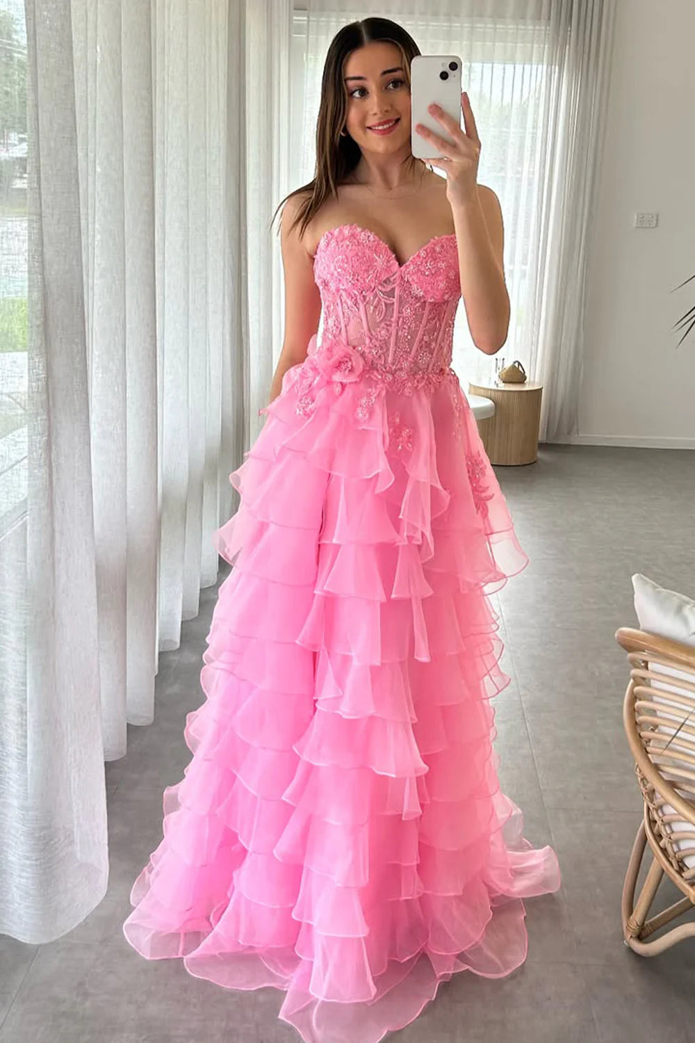 Pink Strapless Prom Gown With 3D Floral Lace Bodice And Tiered Chiffon Ruffles AD708