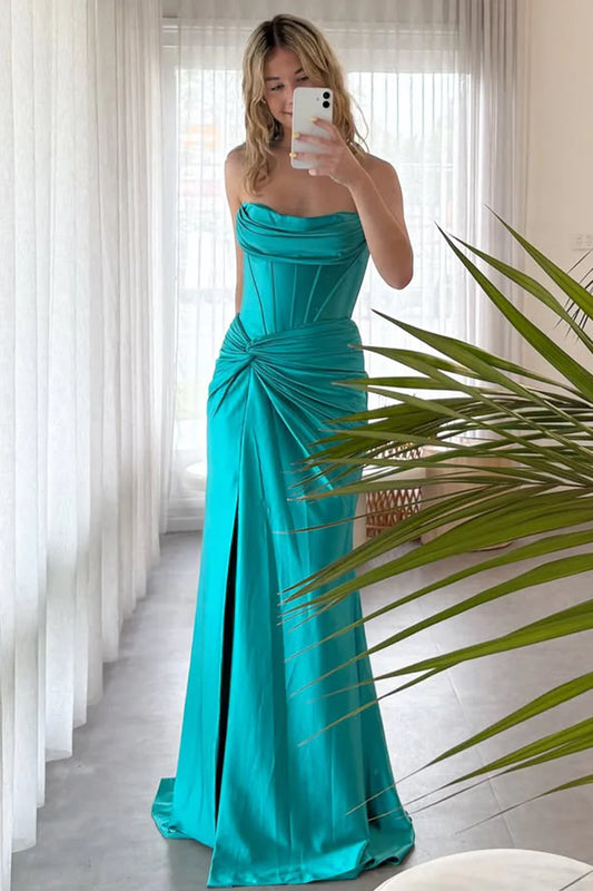 Teal Strapless Satin Evening Dress With Draped Neckline And Slit Skirt AD709