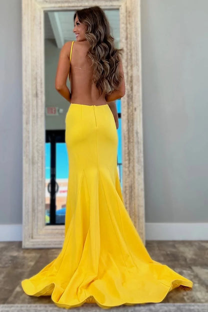 Sexy Yellow Mermaid Prom Dress With Spaghetti Straps Backless Design And Bowknot AD711