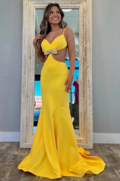 Sexy Yellow Mermaid Prom Dress With Spaghetti Straps Backless Design And Bowknot AD711