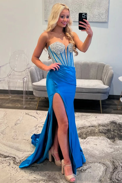 Stunning Hot Pink Mermaid Prom Dress With Beaded Top Long Satin And Slit AD712