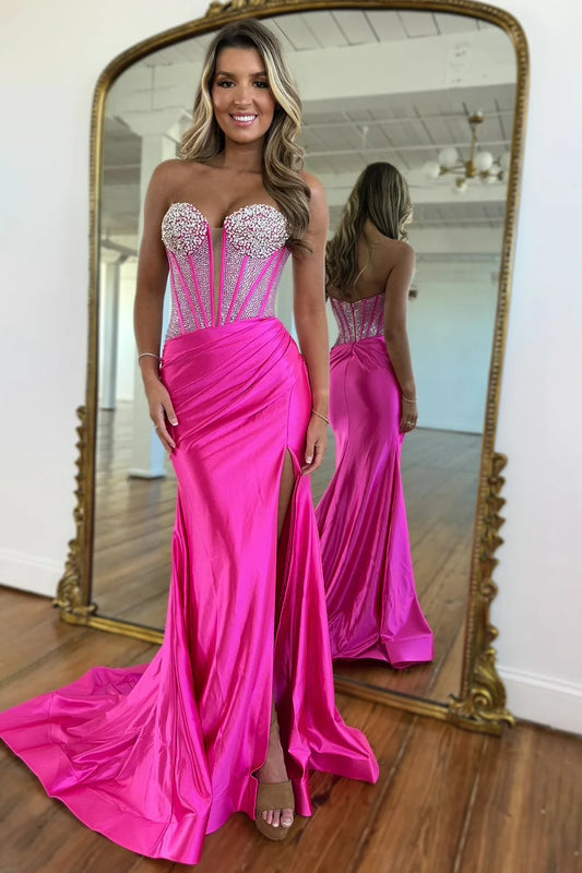 Stunning Hot Pink Mermaid Prom Dress With Beaded Top Long Satin And Slit AD712