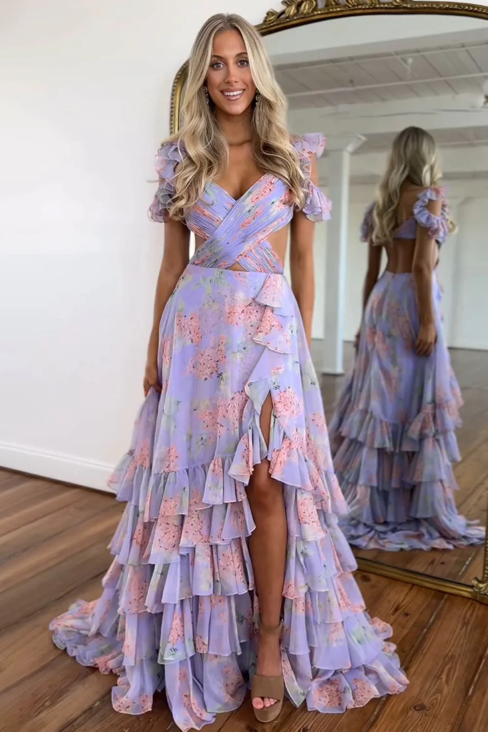 Stylish Purple Print A Line Straps Long Layered Prom Dress With Slit AD713