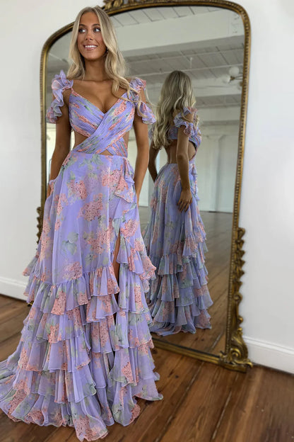 Stylish Purple Print A Line Straps Long Layered Prom Dress With Slit AD713