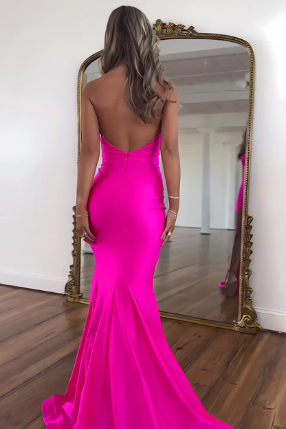 Hot Pink Halter Neck Mermaid Prom Dress With Satin Finish And Slit AD714