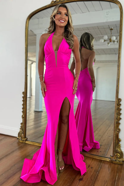 Hot Pink Halter Neck Mermaid Prom Dress With Satin Finish And Slit AD714