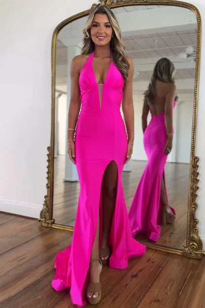 Hot Pink Halter Neck Mermaid Prom Dress With Satin Finish And Slit AD714