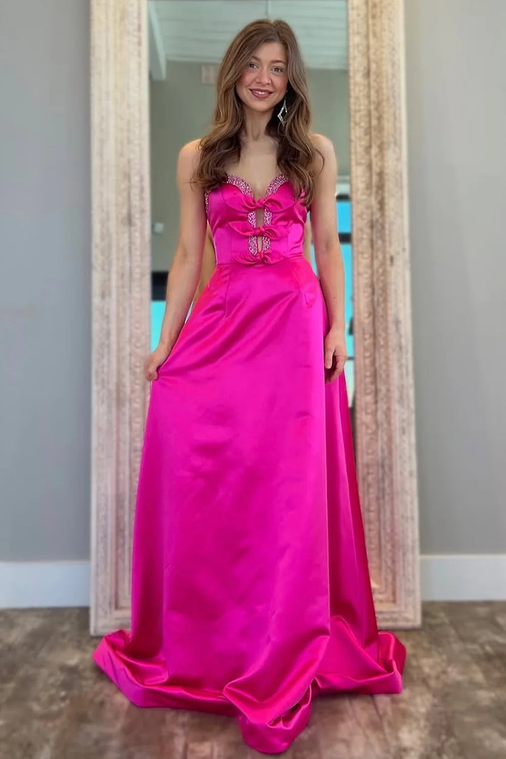 Hot Pink Satin A-Line Prom Dress With Sweetheart Neckline And Bowknots AD715
