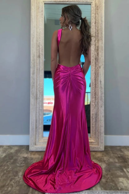 Stylish Fuchsia Metallic Mermaid Prom Dress With Slit And Open Back AD716