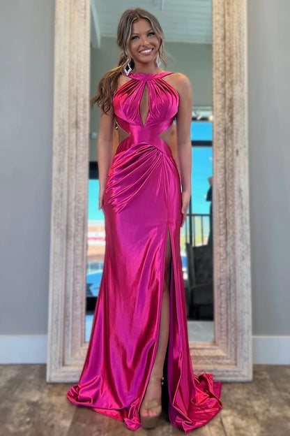 Stylish Fuchsia Metallic Mermaid Prom Dress With Slit And Open Back AD716