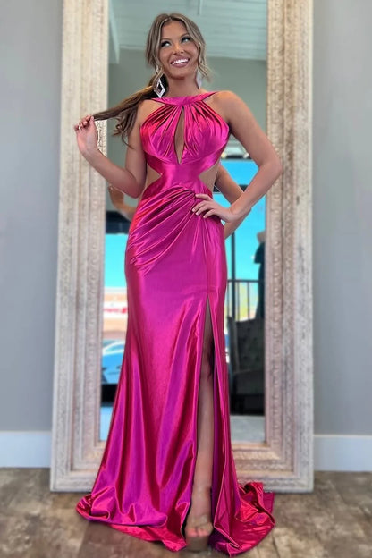Stylish Fuchsia Metallic Mermaid Prom Dress With Slit And Open Back AD716