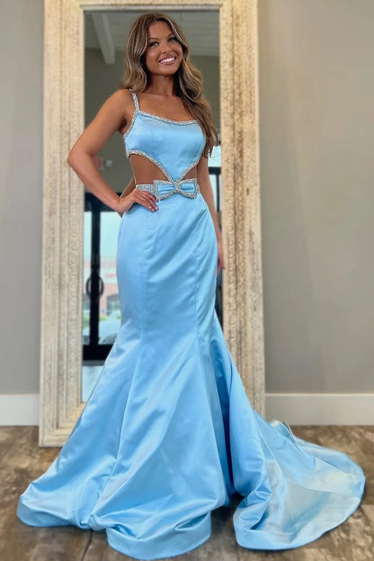 Light Blue Mermaid Prom Dress Featuring Cute Bowknot And Waist Cutout AD717