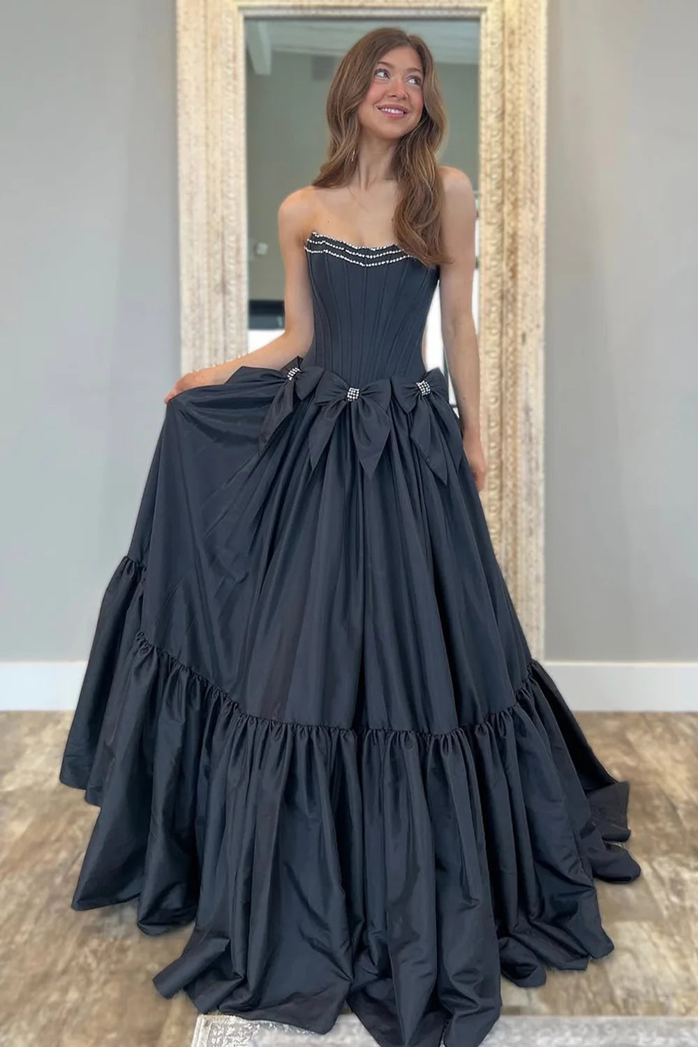 Black Satin Strapless Princess Prom Dress With Tiered Skirt And Bowknots AD718