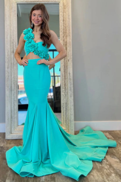 3D Floral Aqua Mermaid One Shoulder Cutout Waist Prom Dress AD719